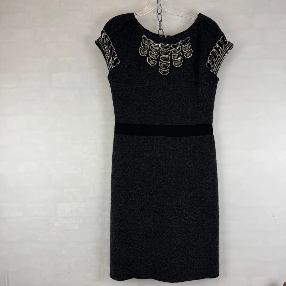 Tory Burch Gray Wool Blend Embellished Cap Sleeve Dress‎ Size M